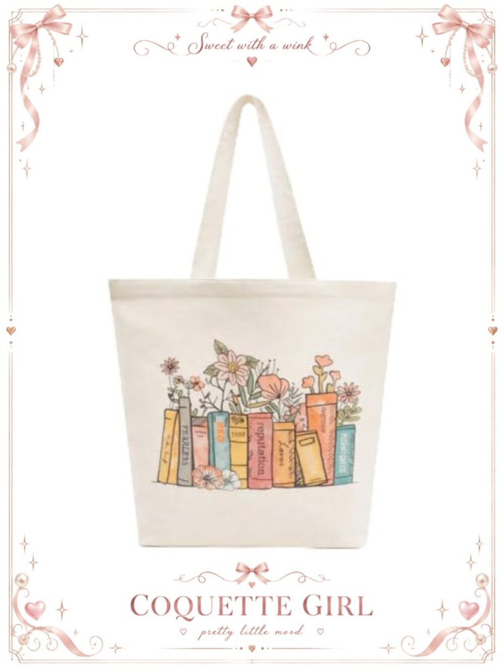 Canvas Tote Bag Book Lover Floral Design Reusable Shopping Bag